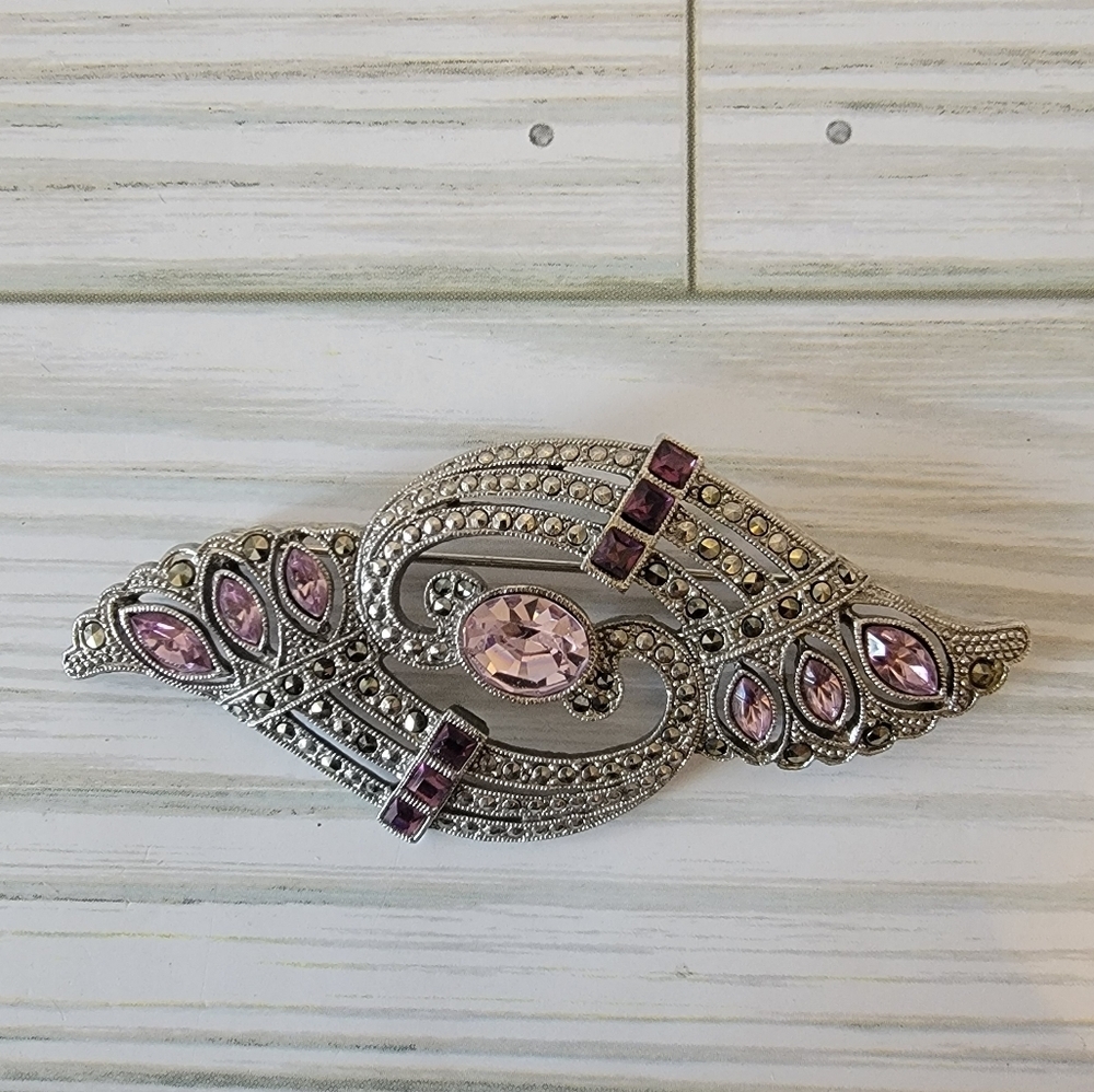 Vintage Pink Rhinestone Marcasite Style Brooch Art Deco Revival